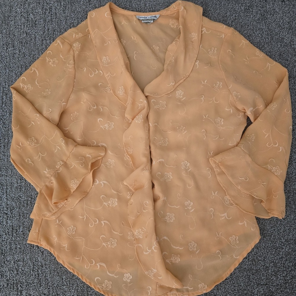 Michele Michelle Ruffled Orange Embroidered Floral Fairy‎ Blouse  Sheer Boho PS